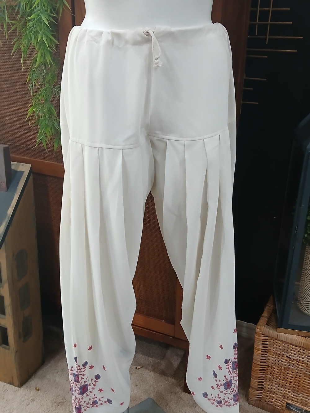 Cream Pleated Wide Harem Pants with Floral Hem